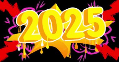 2025 Graffiti etiket animasyonu. Soyut modern sokak sanatı video dekorasyonu şehir boyama tarzında gerçekleştirildi.