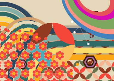 Geçmişe dönük 70 'ler. Harika 1970 'lerin soyut sanat şablonu. Minimalist çizgili tasarım posteri. Eski moda gökkuşağı renkli sanat eserleri.