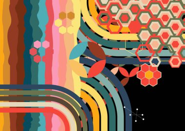 Geçmişe dönük 70 'ler. Harika 1970 'lerin soyut sanat şablonu. Minimalist çizgili tasarım posteri. Eski moda gökkuşağı renkli sanat eserleri.