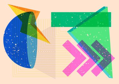 Renkli geometrik şekiller. Moda riso grafik tasarımlı nesne. Geometri ögeleri soyut risograf baskı desen biçimi.