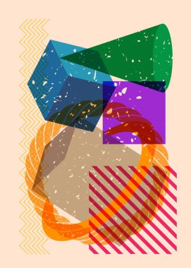 Renkli geometrik şekiller. Moda riso grafik tasarımlı nesne. Geometri ögeleri soyut risograf baskı desen biçimi.