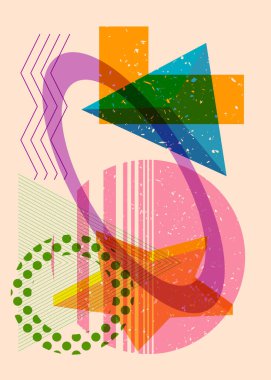 Renkli geometrik şekiller. Moda riso grafik tasarımlı nesne. Geometri ögeleri soyut risograf baskı desen biçimi.