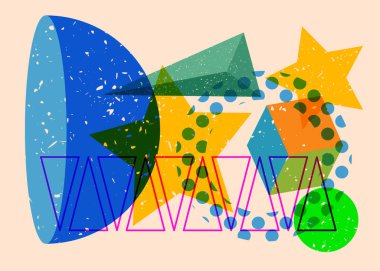 Renkli geometrik şekiller. Moda riso grafik tasarımlı nesne. Geometri ögeleri soyut risograf baskı desen biçimi.