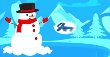 Mavi arka planda şapkalı, havuçlu ve alışveriş mesajlı bir kardan adam. Tatil mesajı videosu.