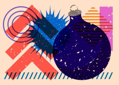 Geometrik şekilli risograph Noel süsleme topu. Geometri elemanları ile modayı gösteren riso grafik desen tasarımı nesneleri.