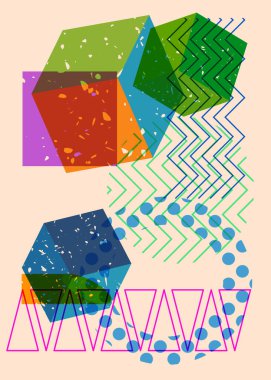 Renkli geometrik şekiller. Moda riso grafik tasarımlı nesne. Geometri ögeleri soyut risograf baskı desen biçimi.