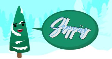 Alışveriş metniyle Çam Ağacı Ormanı, karikatür bayramı, hareket eden ağaçlarla kaplı orman manzarası..