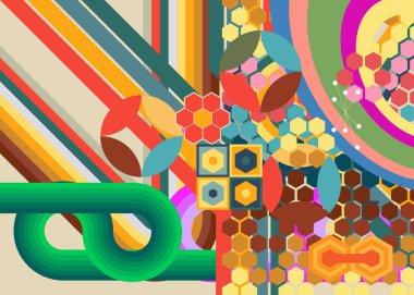 Geçmişe dönük 70 'ler. Harika 1970 'lerin soyut sanat şablonu. Minimalist çizgili tasarım posteri. Eski moda gökkuşağı renkli sanat eserleri.