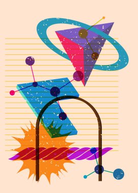 Renkli geometrik şekiller. Moda riso grafik tasarımlı nesne. Geometri ögeleri soyut risograf baskı desen biçimi.