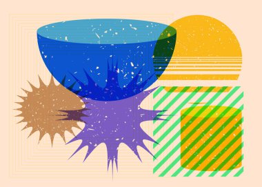 Renkli geometrik şekiller. Moda riso grafik tasarımlı nesne. Geometri ögeleri soyut risograf baskı desen biçimi.