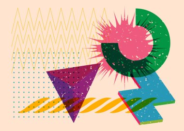 Renkli geometrik şekiller. Moda riso grafik tasarımlı nesne. Geometri ögeleri soyut risograf baskı desen biçimi.