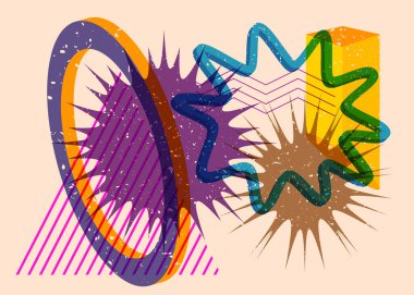 Renkli geometrik şekiller. Moda riso grafik tasarımlı nesne. Geometri ögeleri soyut risograf baskı desen biçimi.