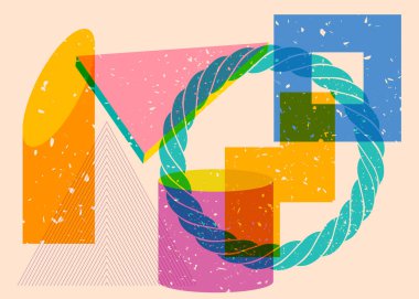 Renkli geometrik şekiller. Moda riso grafik tasarımlı nesne. Geometri ögeleri soyut risograf baskı desen biçimi.