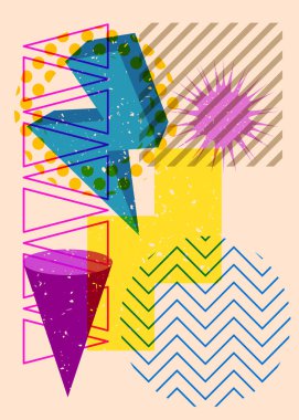 Renkli geometrik şekiller. Moda riso grafik tasarımlı nesne. Geometri ögeleri soyut risograf baskı desen biçimi.