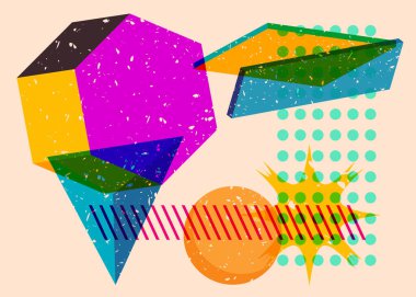 Renkli geometrik şekiller. Moda riso grafik tasarımlı nesne. Geometri ögeleri soyut risograf baskı desen biçimi.