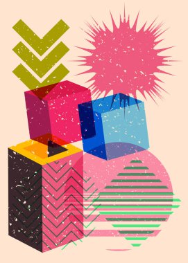 Renkli geometrik şekiller. Moda riso grafik tasarımlı nesne. Geometri ögeleri soyut risograf baskı desen biçimi.