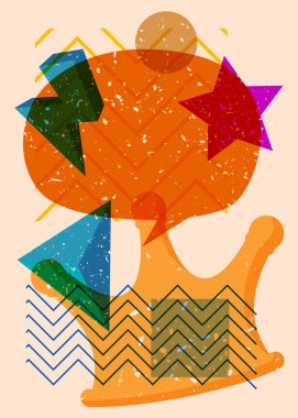 Geometrik şekilli konuşma baloncuklu Risograph Crown. Geometri elemanları ile modayı gösteren riso grafik desen tasarımı nesneleri.