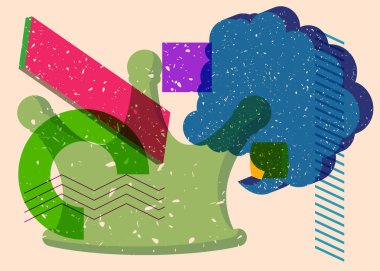 Geometrik şekilli konuşma baloncuklu Risograph Crown. Geometri elemanları ile modayı gösteren riso grafik desen tasarımı nesneleri.