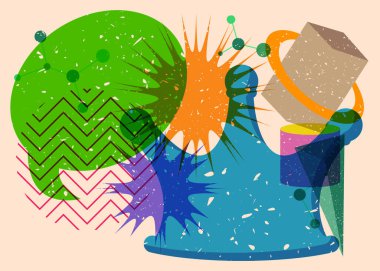 Geometrik şekilli konuşma baloncuklu Risograph Crown. Geometri elemanları ile modayı gösteren riso grafik desen tasarımı nesneleri.