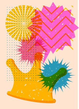 Geometrik şekilli konuşma baloncuklu Risograph Crown. Geometri elemanları ile modayı gösteren riso grafik desen tasarımı nesneleri.
