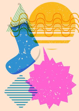 Noel çoraplarını geometrik şekilli konuşma baloncuklarıyla donat. Geometri elemanları ile modayı gösteren riso grafik desen tasarımı nesneleri.