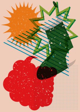 Noel çoraplarını geometrik şekilli konuşma baloncuklarıyla donat. Geometri elemanları ile modayı gösteren riso grafik desen tasarımı nesneleri.