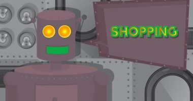 Alış veriş metni olan robot. Çizgi film animasyon videosu. Gelecekteki Robot Animasyonu.