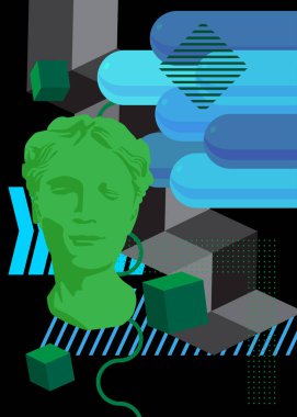 Baş Heykel geometrik grafik retro tema arka planı. Minimum geometrik elementler. Klasik soyut şekiller vektör illüstrasyonu.