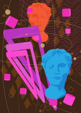 Baş Heykel geometrik grafik retro tema arka planı. Minimum geometrik elementler. Klasik soyut şekiller vektör illüstrasyonu.