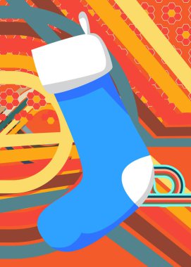 70 'lerin gerisinde Noel çorapları var. Dâhice dekorasyon 1970 'lerin sanat şablonu. Minimalist Vintage tasarım posteri. Eski moda renkli sanat eserleri.