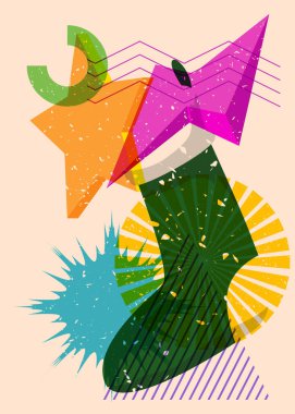 Geometrik şekilli Noel çorapları. Geometri elemanları ile modayı gösteren riso grafik desen tasarımı nesneleri.