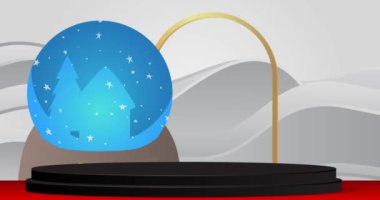 Kar Küresi 'yle ürün sergisi. Animasyon silindiri kaide podyumu. Sunum için sahne gösterisi videosu. En küçük geometrik biçimlerin taşınması.