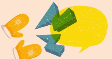 Konuşma baloncuklu ve geometrik şekilli Mitten Eldiveni. Geometri elemanları ile modayı gösteren riso grafik desen tasarımı nesneleri.