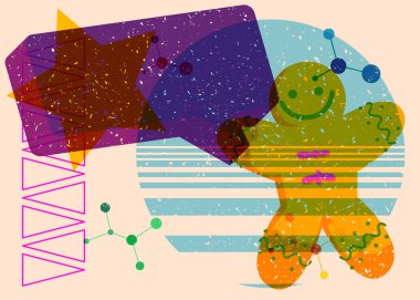 Geometrik şekilli konuşma balonlu zencefilli kurabiye adam Noel kurabiyesi. Geometri elemanları ile modayı gösteren riso grafik desen tasarımı nesneleri.
