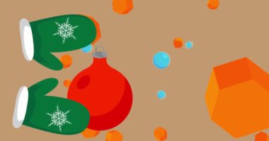 Mitten Eldiven ve Noel süsleme topu geometrik grafik retro bayram temalı arka plan videosu. Minimum geometrik elementler animasyonu. Klasik soyut şekiller reklam için resimleme.