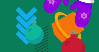 Mitten Eldiven ve Noel süsleme topu geometrik grafik retro bayram temalı arka plan videosu. Minimum geometrik elementler animasyonu. Klasik soyut şekiller reklam için resimleme.