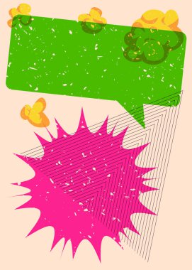 Geometrik şekilli Risograph konuşma balonu. Geometri elemanları ile modayı gösteren riso grafik desen tasarımı nesneleri.