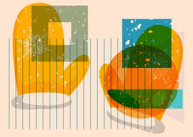 Geometrik şekilli Risograph Mitten Eldiveni. Geometri elemanları ile modayı gösteren riso grafik desen tasarımı nesneleri.