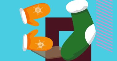 Mitten Eldiveni ve Noel stoklama geometrik grafik retro bayram temalı arka plan videosu. Minimum geometrik elementler animasyonu. Klasik soyut şekiller reklam için resimleme.