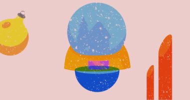 Risograph Noel süsleme balosu ve geometrik şekilli Kar Küresi animasyonları. Moda riso grafik tasarım videosunda nesne taşınıyor.