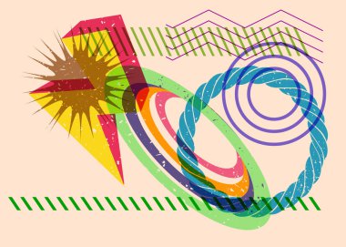 Renkli geometrik şekiller. Moda riso grafik tasarımlı nesne. Geometri ögeleri soyut risograf baskı desen biçimi.