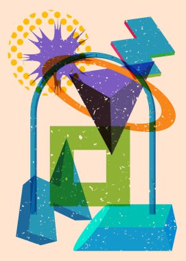 Renkli geometrik şekiller. Moda riso grafik tasarımlı nesne. Geometri ögeleri soyut risograf baskı desen biçimi.