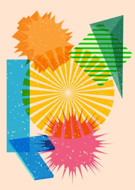 Renkli geometrik şekiller. Moda riso grafik tasarımlı nesne. Geometri ögeleri soyut risograf baskı desen biçimi.