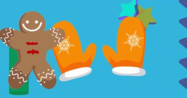 Mitten Eldiven ve Zencefilli Adam Noel Kurabiyesi geometrik grafik retro bayram temalı arka plan videosu. Minimum geometrik elementler animasyonu. Klasik soyut şekiller reklam için resimleme.