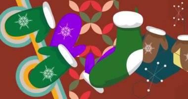 Mitten Eldiven ve Noel çorabı ile 70 'lerin geçmiş animasyonu. 1970 'lerin harika tatil sanat videosu. Minimalist Vintage tasarımı, eski moda renk çizimi.