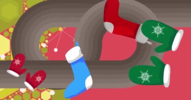 Mitten Eldiven ve Noel çorabı ile 70 'lerin geçmiş animasyonu. 1970 'lerin harika tatil sanat videosu. Minimalist Vintage tasarımı, eski moda renk çizimi.