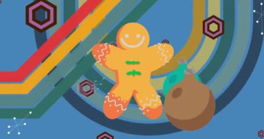 70 'lerin geçmişe dönük animasyonu, Noel süsleme topu ve zencefilli kurabiye. 1970 'lerin harika tatil sanat videosu. Minimalist Vintage tasarımı, eski moda renk çizimi.