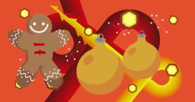 70 'lerin geçmişe dönük animasyonu, Noel süsleme topu ve zencefilli kurabiye. 1970 'lerin harika tatil sanat videosu. Minimalist Vintage tasarımı, eski moda renk çizimi.