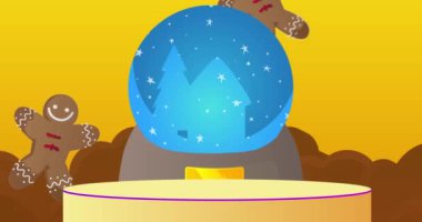 Kar Küresi ve Zencefilli Ekmek Adam Noel Kurabiyesi ile sunum. Animasyon silindiri kaide podyumu. Sunum için sahne gösterisi videosu. En küçük geometrik biçimlerin taşınması.