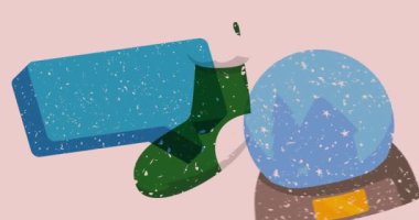 Risograph Noel çorabı ve Kar Küresi ve geometrik şekilli konuşma balonu animasyonu.